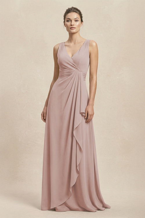 V - Neck Ruffled Ruched Chiffon A - Line Bridesmaid Dress in Toffee - SHE IS ME Bridesmaid Dresses