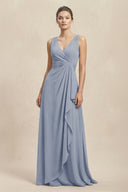V - Neck Ruffled Ruched Chiffon A - Line Bridesmaid Dress in Twilight - SHE IS ME Bridesmaid Dresses