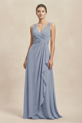 V - Neck Ruffled Ruched Chiffon A - Line Bridesmaid Dress in Twilight - KISS BRIDAL Bridesmaid Dresses