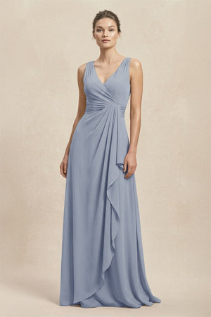 V - Neck Ruffled Ruched Chiffon A - Line Bridesmaid Dress in Twilight - SHE IS ME Bridesmaid Dresses