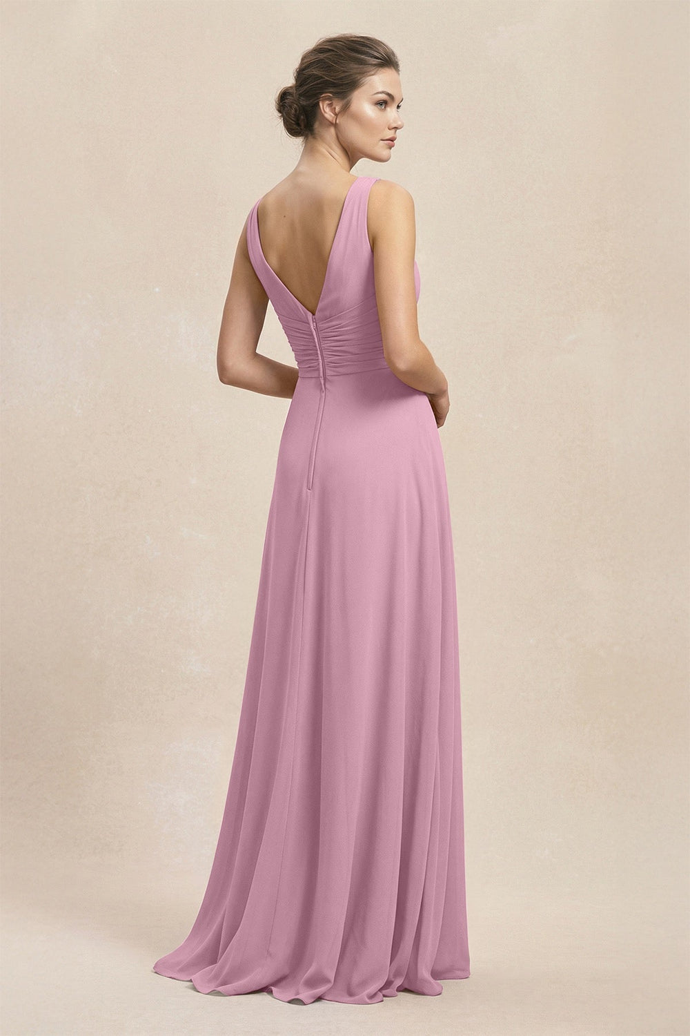 V - Neck Ruffled Ruched Chiffon A - Line Bridesmaid Dress in Vintage Mauve - KISS BRIDAL Bridesmaid Dresses