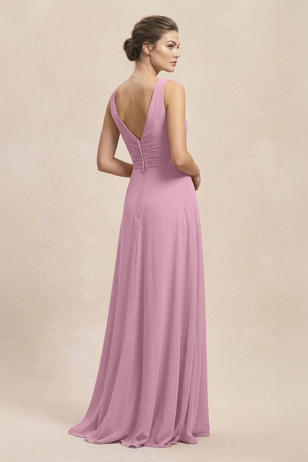 V - Neck Ruffled Ruched Chiffon A - Line Bridesmaid Dress in Vintage Mauve - SHE IS ME Bridesmaid Dresses