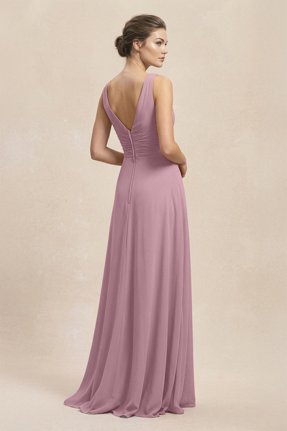 V-Neck Ruffled Ruched Chiffon A-Line Bridesmaid Dress in Vintage Mauve
