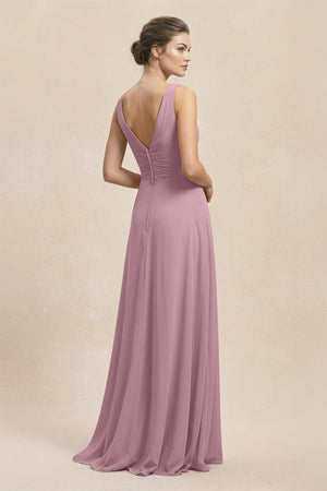 V-Neck Ruffled Ruched Chiffon A-Line Bridesmaid Dress in Vintage Mauve (2) | KISSBRIDAL