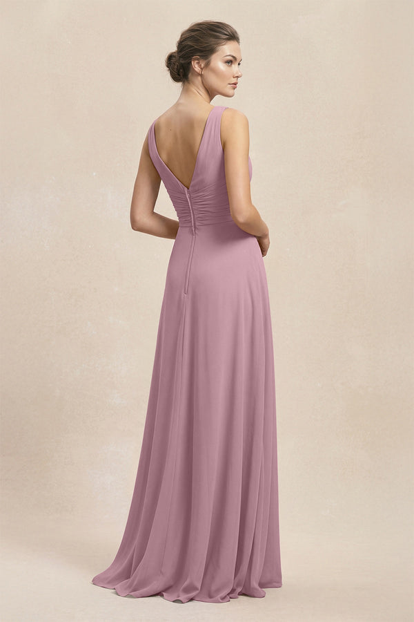 V-Neck Ruffled Ruched Chiffon A-Line Bridesmaid Dress in Vintage Mauve (2) | KISSBRIDAL