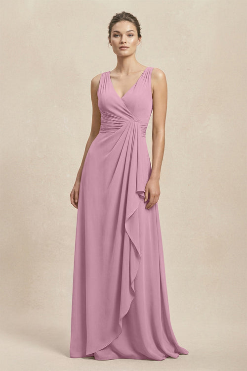 V - Neck Ruffled Ruched Chiffon A - Line Bridesmaid Dress in Vintage Mauve - SHE IS ME Bridesmaid Dresses