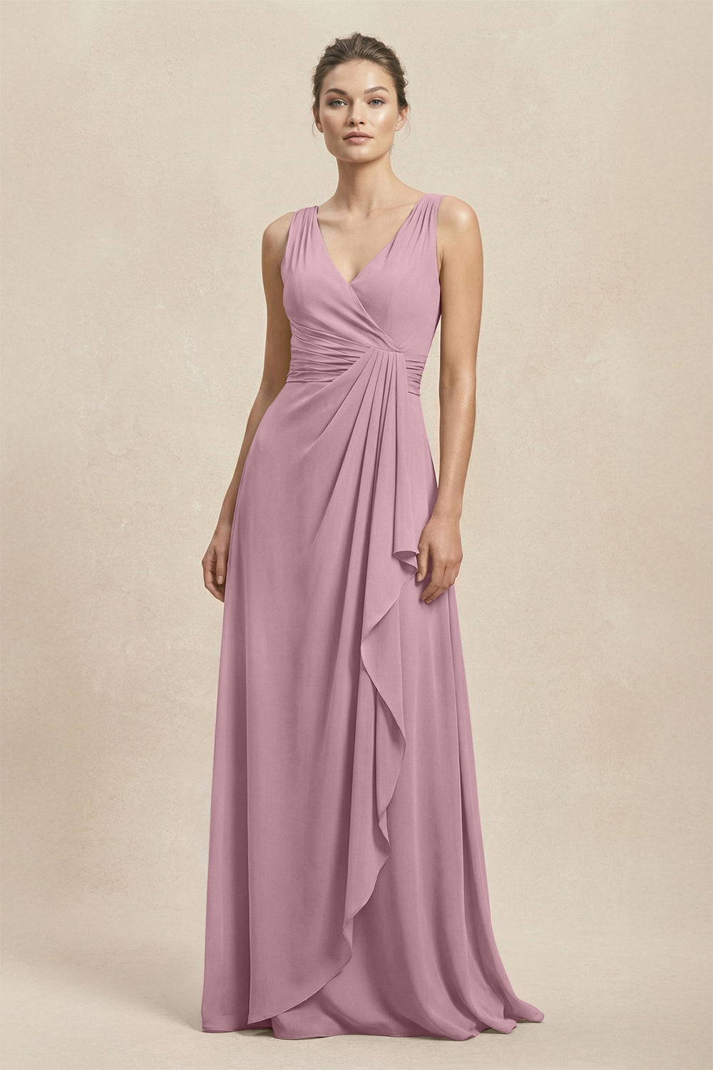 V-Neck Ruffled Ruched Chiffon A-Line Bridesmaid Dress in Vintage Mauve
