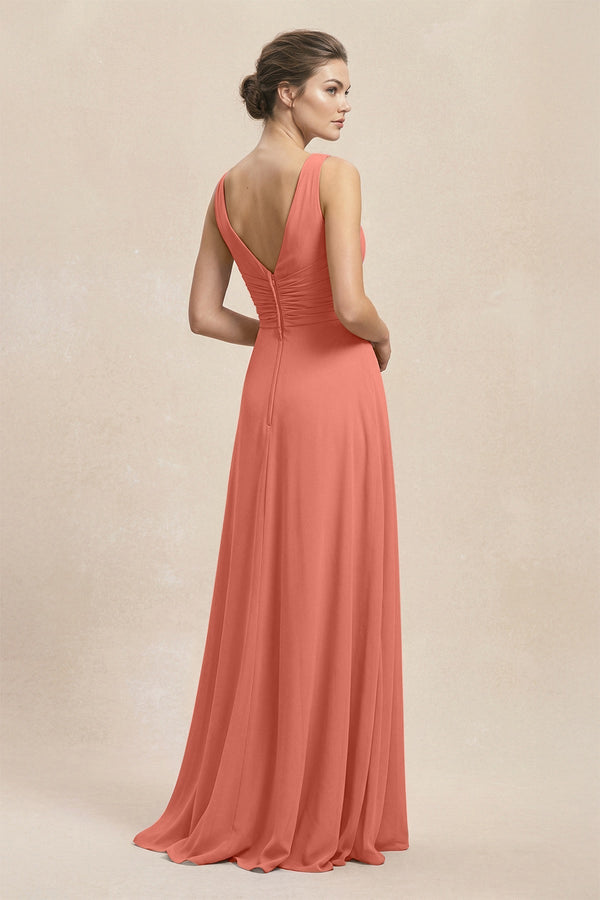 V - Neck Ruffled Ruched Chiffon A - Line Bridesmaid Dress in Wild Rose - SHE IS ME Bridesmaid Dresses