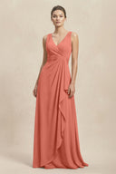 V - Neck Ruffled Ruched Chiffon A - Line Bridesmaid Dress in Wild Rose - SHE IS ME Bridesmaid Dresses