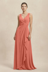 V - Neck Ruffled Ruched Chiffon A - Line Bridesmaid Dress in Wild Rose - KISS BRIDAL Bridesmaid Dresses