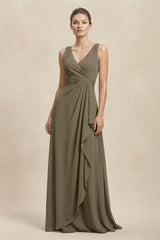 V - Neck Ruffled Ruched Chiffon A - Line Bridesmaid Dress in Willow Green - KISS BRIDAL Bridesmaid Dresses