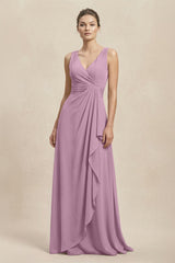 V - Neck Ruffled Ruched Chiffon A - Line Bridesmaid Dress in Wisteria - KISS BRIDAL Bridesmaid Dresses