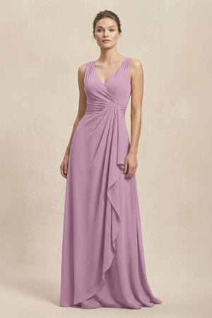 V - Neck Ruffled Ruched Chiffon A - Line Bridesmaid Dress in Wisteria - SHE IS ME Bridesmaid Dresses