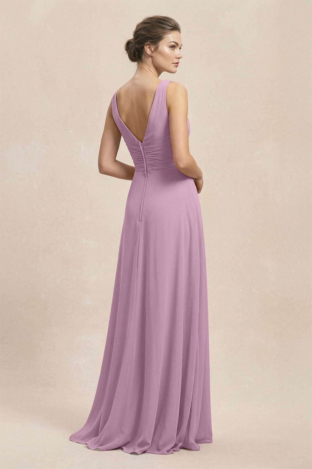 V - Neck Ruffled Ruched Chiffon A - Line Bridesmaid Dress in Wisteria - KISS BRIDAL Bridesmaid Dresses