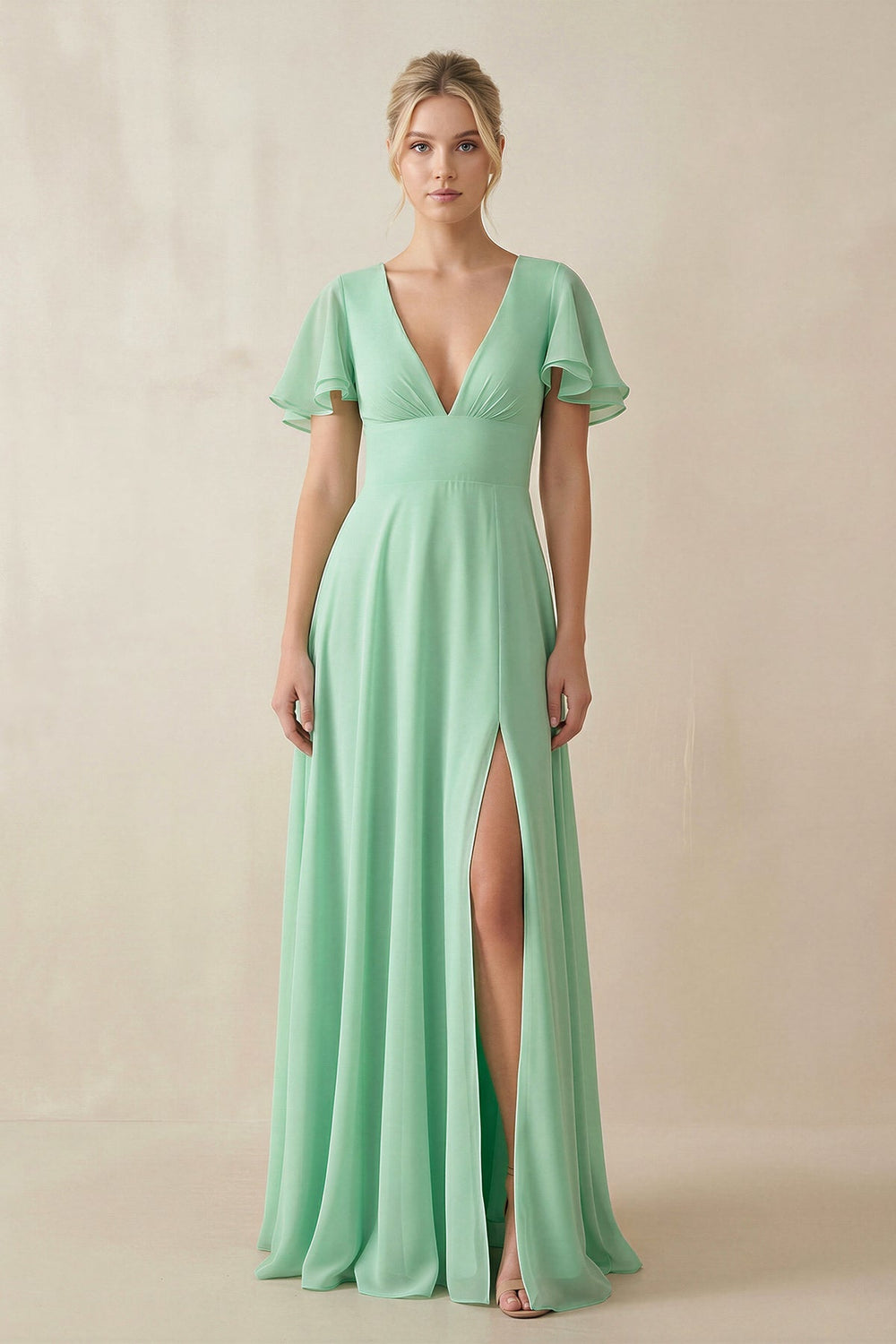 V-Neck Ruffled Short Sleeves A-Line Bridesmaid Dress in Pale Pistachio - SHE IS ME BRIDESMAID DRESSES