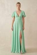V-Neck Ruffled Short Sleeves A-Line Bridesmaid Dress in Pale Pistachio - SHE IS ME BRIDESMAID DRESSES