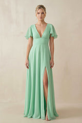 V-Neck Ruffled Short Sleeves A-Line Bridesmaid Dress in Pale Pistachio - KISS BRIDAL BRIDESMAID DRESSES