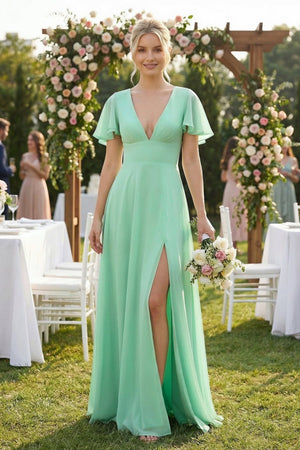 V-Neck Ruffled Short Sleeves A-Line Bridesmaid Dress in Pale Pistachio - SHE IS ME BRIDESMAID DRESSES