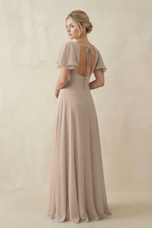 V - Neck Ruffled Short Sleeves A - Line Bridesmaid Dress in Almond - KISS BRIDAL Bridesmaid Dresses