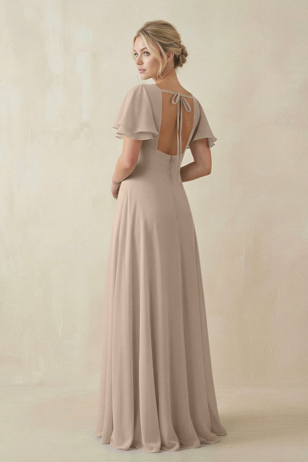 V - Neck Ruffled Short Sleeves A - Line Bridesmaid Dress in Almond - KISS BRIDAL Bridesmaid Dresses