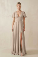 V - Neck Ruffled Short Sleeves A - Line Bridesmaid Dress in Almond - KISS BRIDAL Bridesmaid Dresses