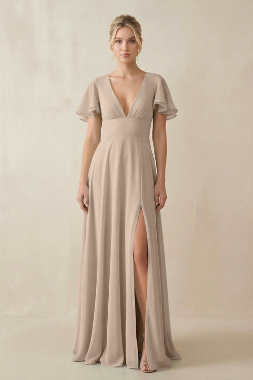 V - Neck Ruffled Short Sleeves A - Line Bridesmaid Dress in Almond - KISS BRIDAL Bridesmaid Dresses