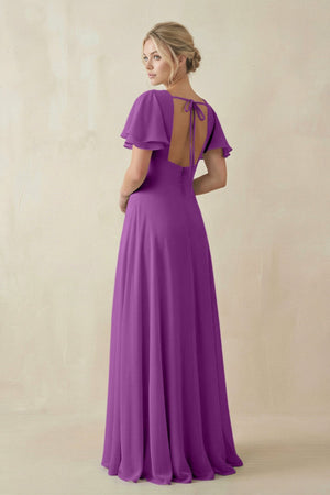 V - Neck Ruffled Short Sleeves A - Line Bridesmaid Dress in Amethyst - KISS BRIDAL Bridesmaid Dresses