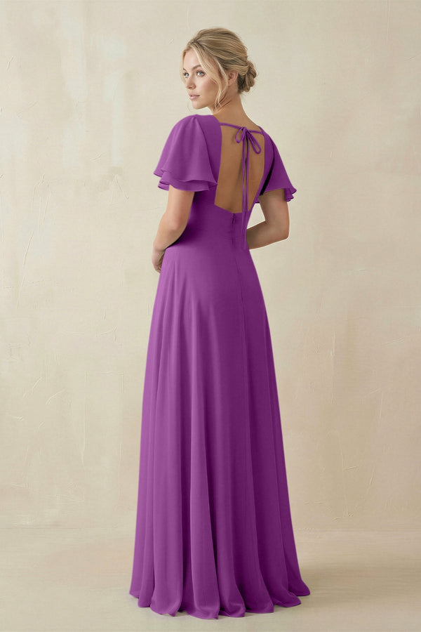 V - Neck Ruffled Short Sleeves A - Line Bridesmaid Dress in Amethyst - KISS BRIDAL Bridesmaid Dresses