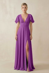 V - Neck Ruffled Short Sleeves A - Line Bridesmaid Dress in Amethyst - KISS BRIDAL Bridesmaid Dresses