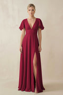 V - Neck Ruffled Short Sleeves A - Line Bridesmaid Dress in Berry - SHE IS ME Bridesmaid Dresses