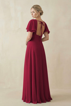 V - Neck Ruffled Short Sleeves A - Line Bridesmaid Dress in Berry - SHE IS ME Bridesmaid Dresses
