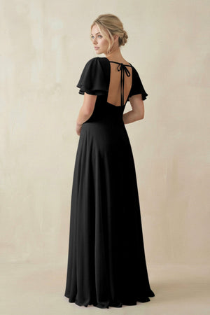 V - Neck Ruffled Short Sleeves A - Line Bridesmaid Dress in Black - KISS BRIDAL Bridesmaid Dresses