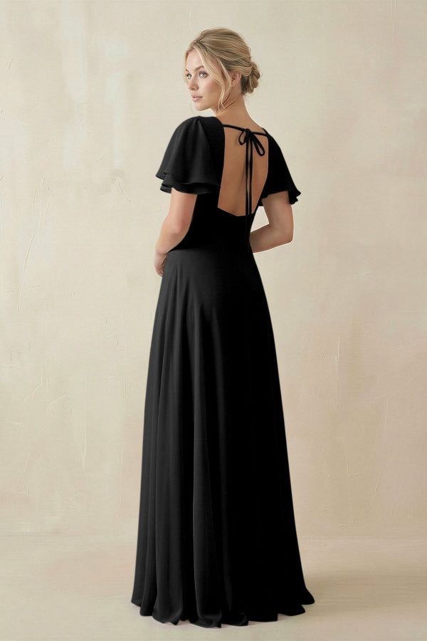 V - Neck Ruffled Short Sleeves A - Line Bridesmaid Dress in Black - KISS BRIDAL Bridesmaid Dresses