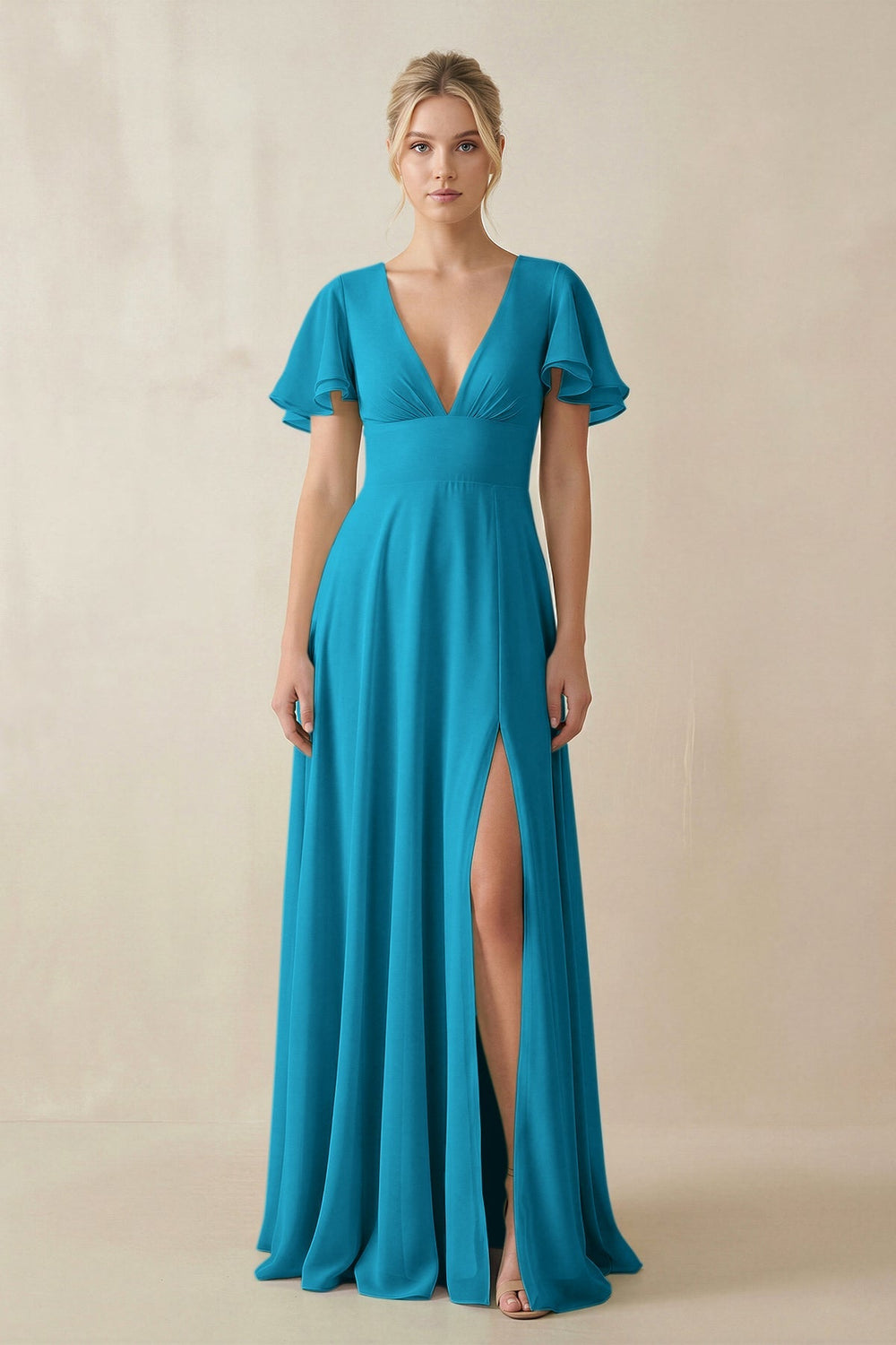 V - Neck Ruffled Short Sleeves A - Line Bridesmaid Dress in Blue Jay - KISS BRIDAL Bridesmaid Dresses
