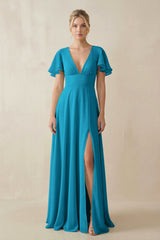 V - Neck Ruffled Short Sleeves A - Line Bridesmaid Dress in Blue Jay - KISS BRIDAL Bridesmaid Dresses