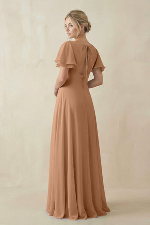 V - Neck Ruffled Short Sleeves A - Line Bridesmaid Dress in Bronzer - KISS BRIDAL Bridesmaid Dresses