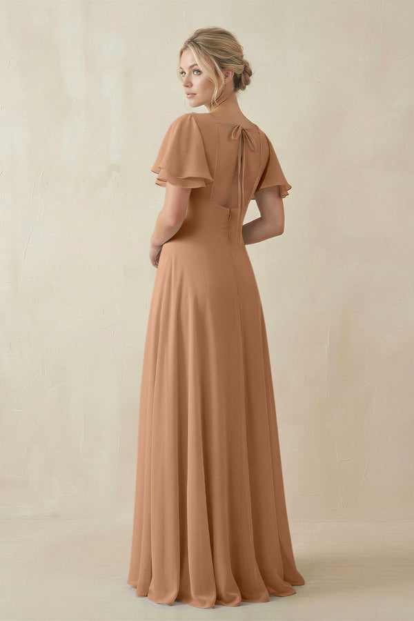 V - Neck Ruffled Short Sleeves A - Line Bridesmaid Dress in Bronzer - KISS BRIDAL Bridesmaid Dresses