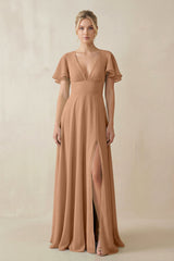 V - Neck Ruffled Short Sleeves A - Line Bridesmaid Dress in Bronzer - KISS BRIDAL Bridesmaid Dresses
