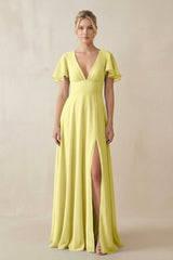 V - Neck Ruffled Short Sleeves A - Line Bridesmaid Dress in Buttercup - KISS BRIDAL Bridesmaid Dresses