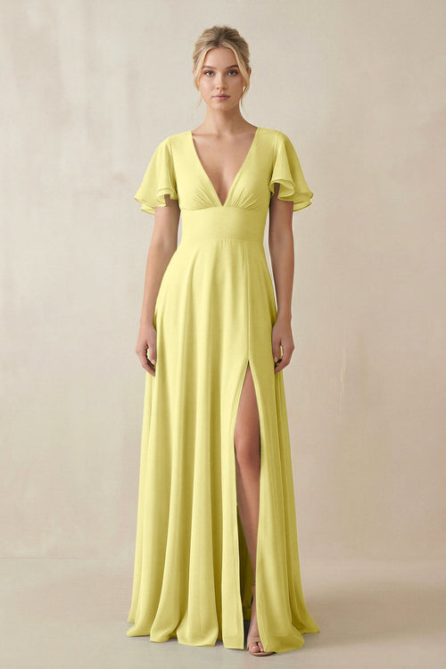 V - Neck Ruffled Short Sleeves A - Line Bridesmaid Dress in Buttercup - SHE IS ME Bridesmaid Dresses