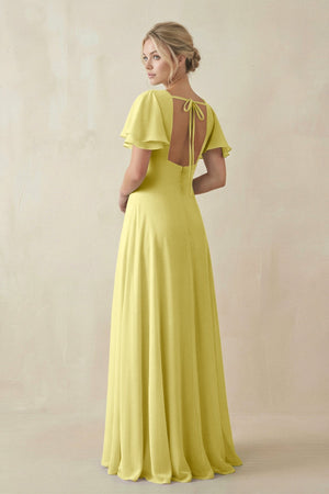 V - Neck Ruffled Short Sleeves A - Line Bridesmaid Dress in Buttercup - SHE IS ME Bridesmaid Dresses