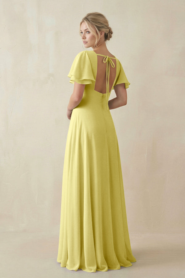 V - Neck Ruffled Short Sleeves A - Line Bridesmaid Dress in Buttercup - SHE IS ME Bridesmaid Dresses