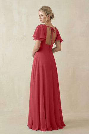V - Neck Ruffled Short Sleeves A - Line Bridesmaid Dress in c - KISS BRIDAL Bridesmaid Dresses