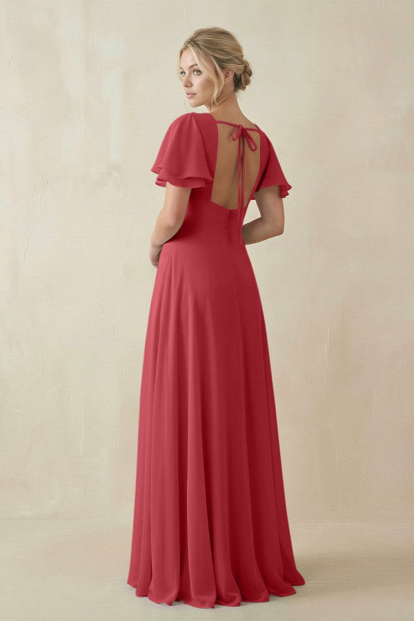 V - Neck Ruffled Short Sleeves A - Line Bridesmaid Dress in c - KISS BRIDAL Bridesmaid Dresses