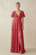 V - Neck Ruffled Short Sleeves A - Line Bridesmaid Dress in c - KISS BRIDAL Bridesmaid Dresses