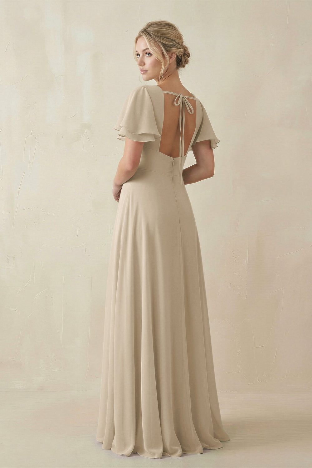 V - Neck Ruffled Short Sleeves A - Line Bridesmaid Dress in Champagne - KISS BRIDAL Bridesmaid Dresses