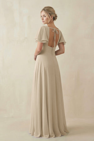 V - Neck Ruffled Short Sleeves A - Line Bridesmaid Dress in Champagne - KISS BRIDAL Bridesmaid Dresses