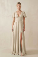 V - Neck Ruffled Short Sleeves A - Line Bridesmaid Dress in Champagne - KISS BRIDAL Bridesmaid Dresses