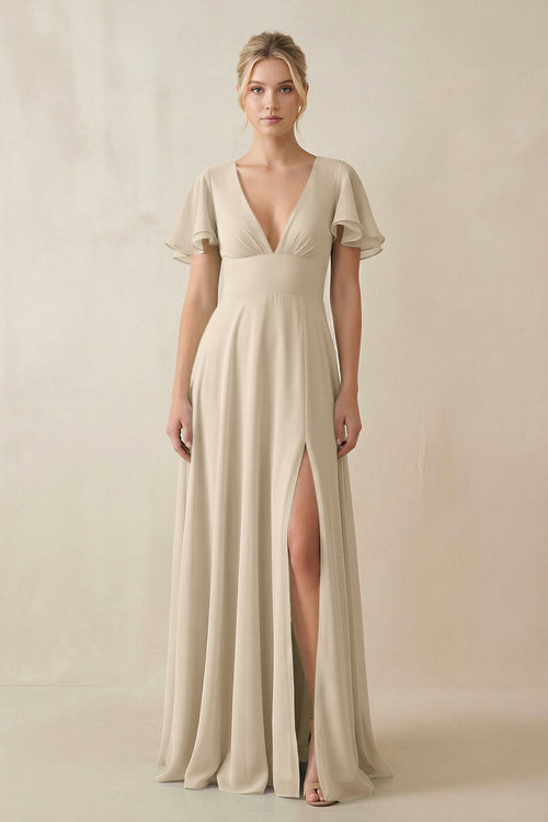 V - Neck Ruffled Short Sleeves A - Line Bridesmaid Dress in Champagne - KISS BRIDAL Bridesmaid Dresses