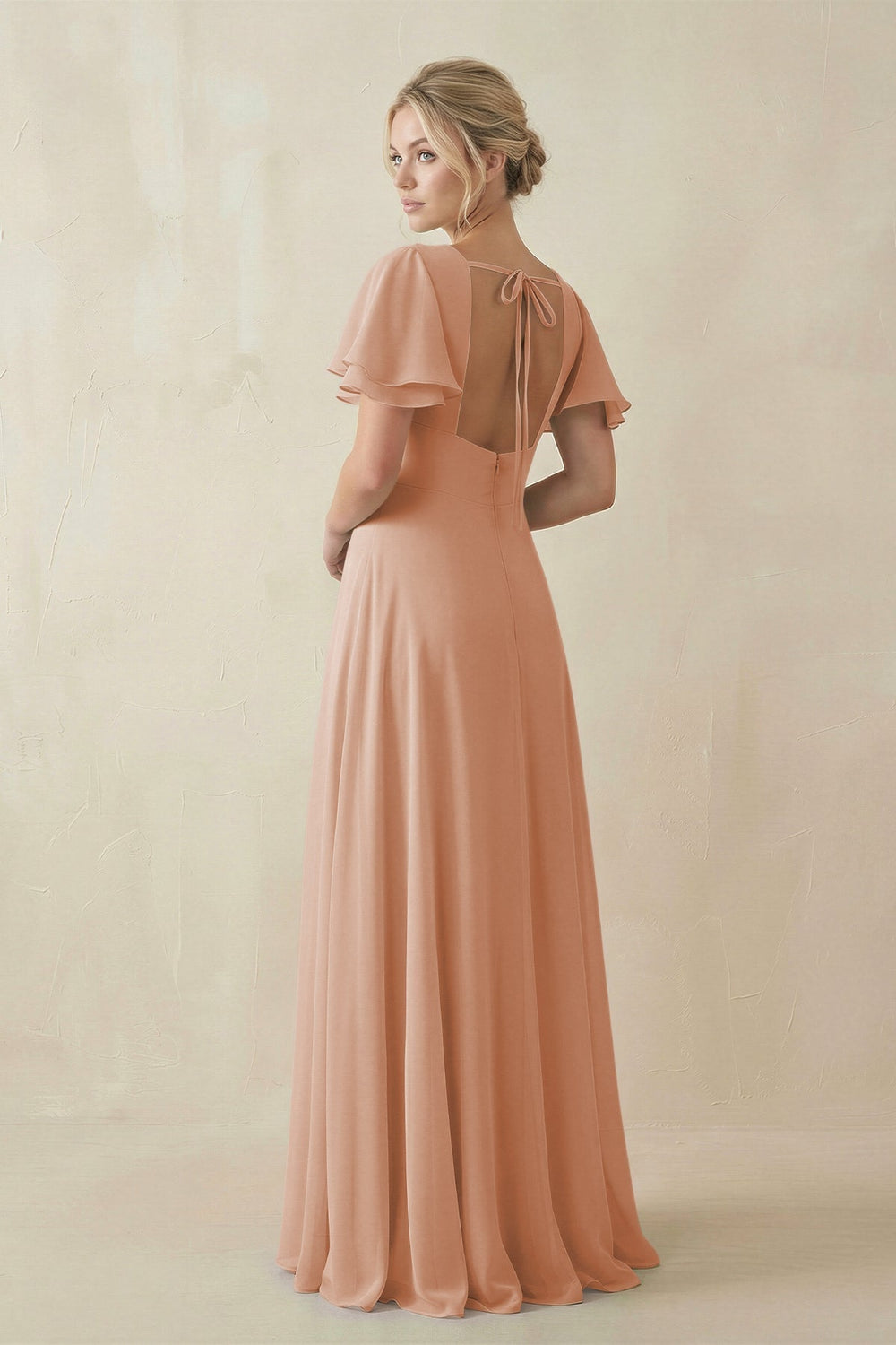 V - Neck Ruffled Short Sleeves A - Line Bridesmaid Dress in Champagne Rose - KISS BRIDAL Bridesmaid Dresses